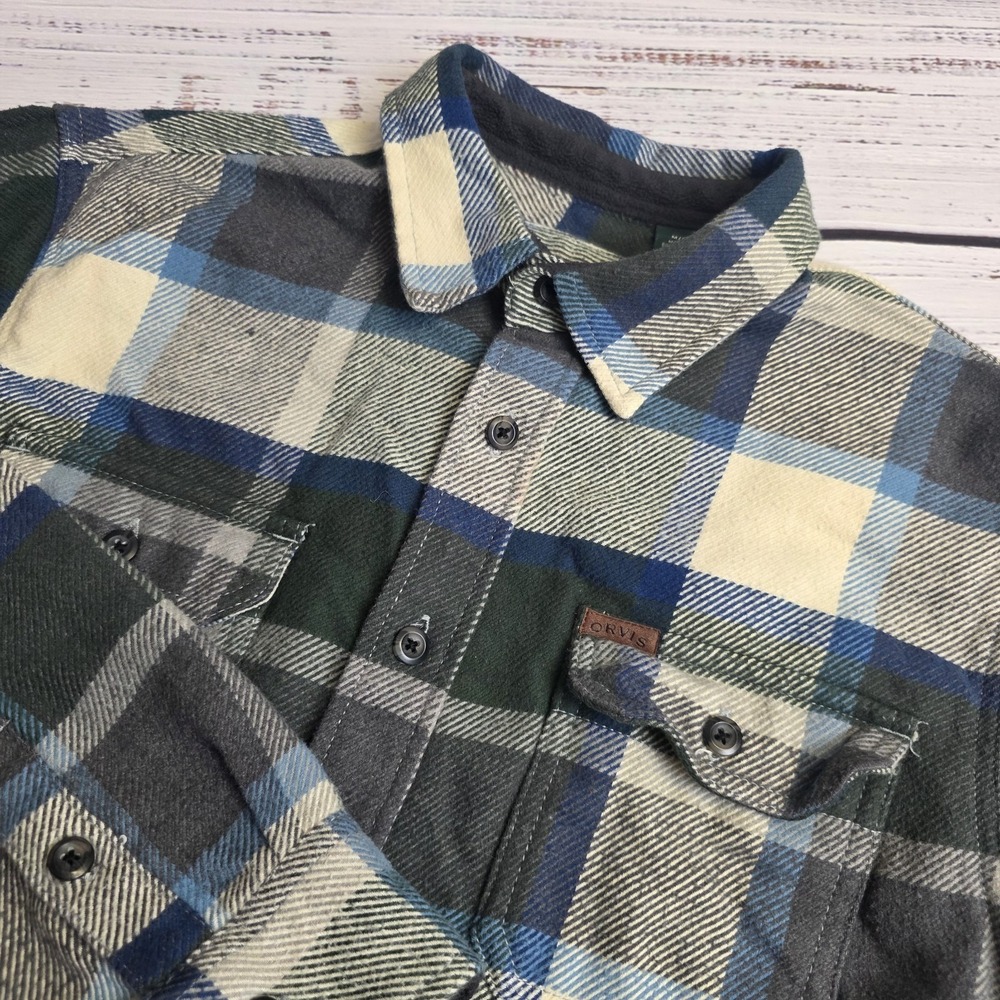 Orvis Heavyweight Flannel‎ Button Shirt Jacket Shacket Medium Blue Plaid Pockets